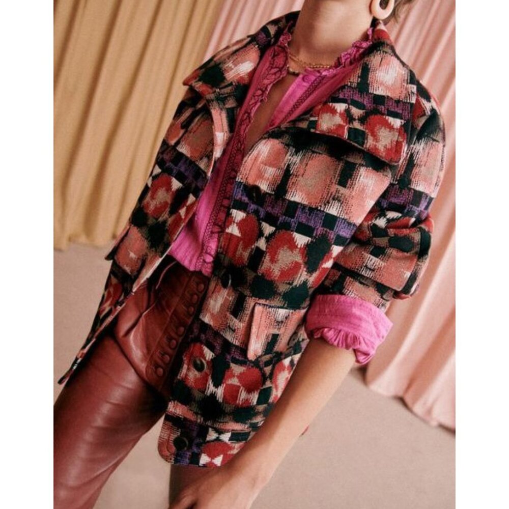 Sezane Multicolor Patterned Pea Coat in Pink, Red, Black